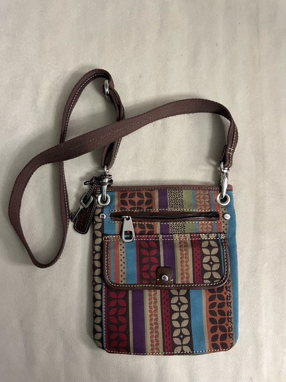 Vintage Fossil Multicolor Stripe Crossbody Bag Key Charm Y2K Boho